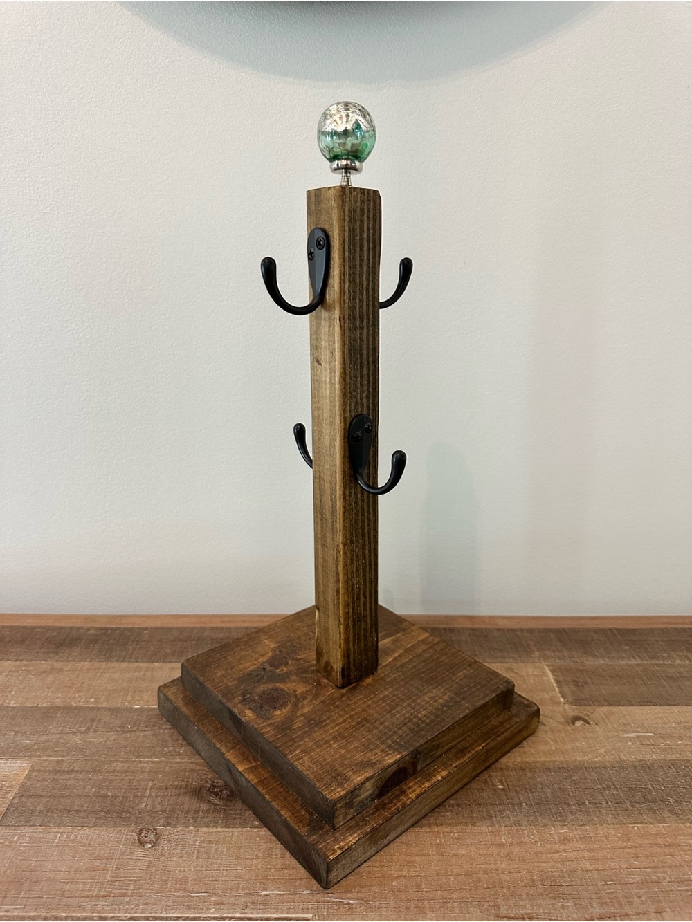Handcrafted Rustic Wooden Coffee Mug Stand Hook Rack Green Crackled Glass Accent